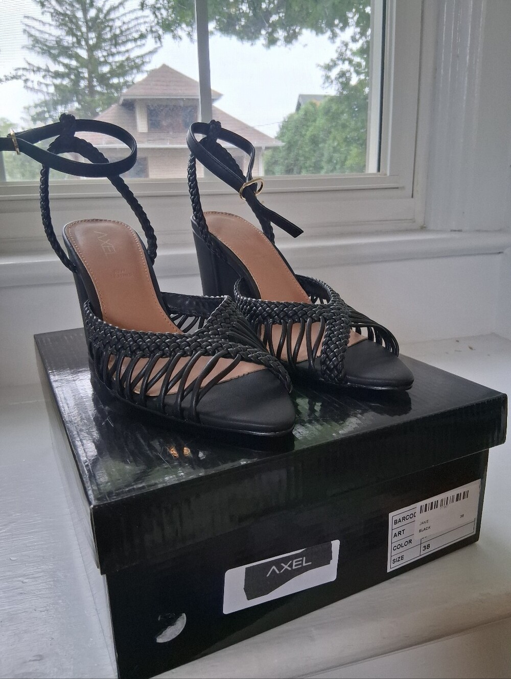 NEW Unworn Axel Strappy Black Leather Heels - Womens Size 8/38